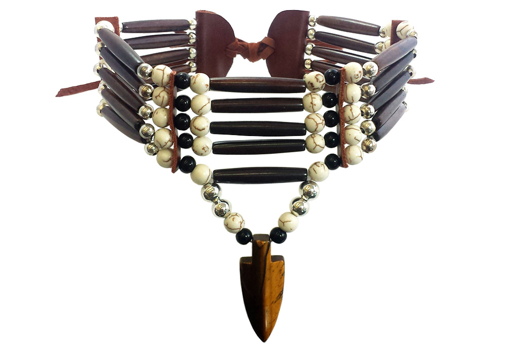 Traditional 4 Row Buffalo Bone Hairpipe Beads Tribal Choker Necklace with Bone Feather Pendant 