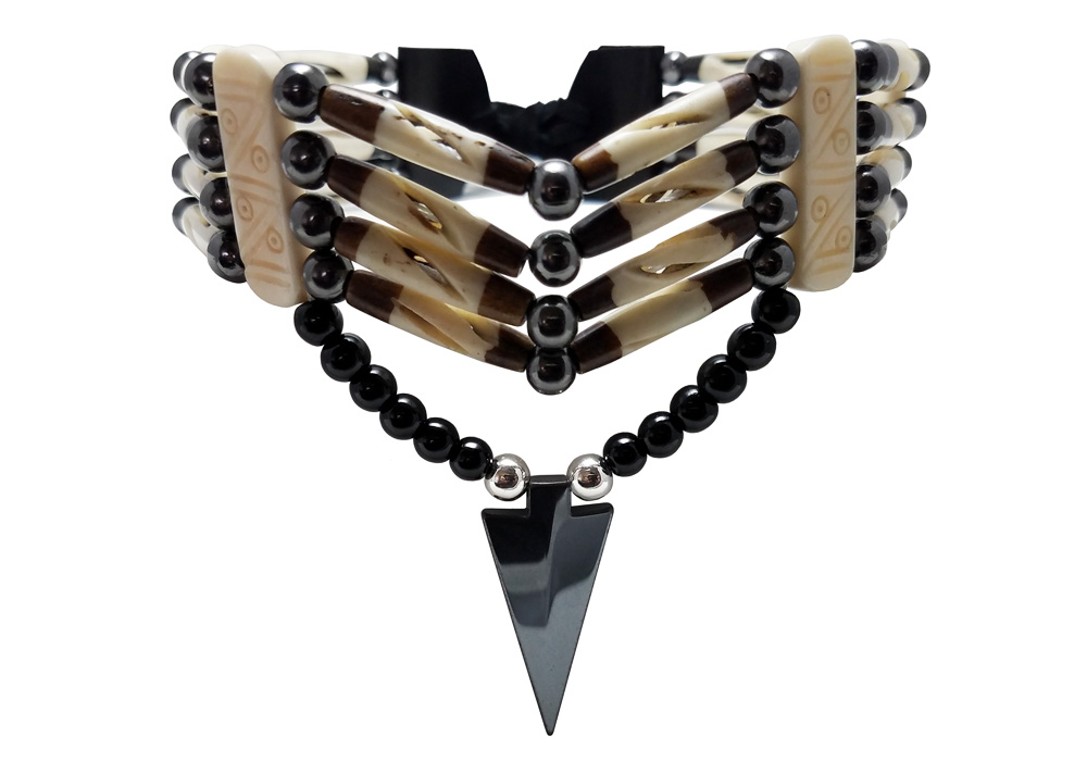 Handmade Traditional 4 Row Carved Buffalo Bone Hairpipe Tribal Choker  Necklace with Arrowhead Pendant